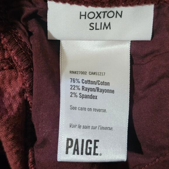 Paige Hoxton Slim Burgundy Corduroy Mid Rise Pants Size 26 - Picture 5 of 9